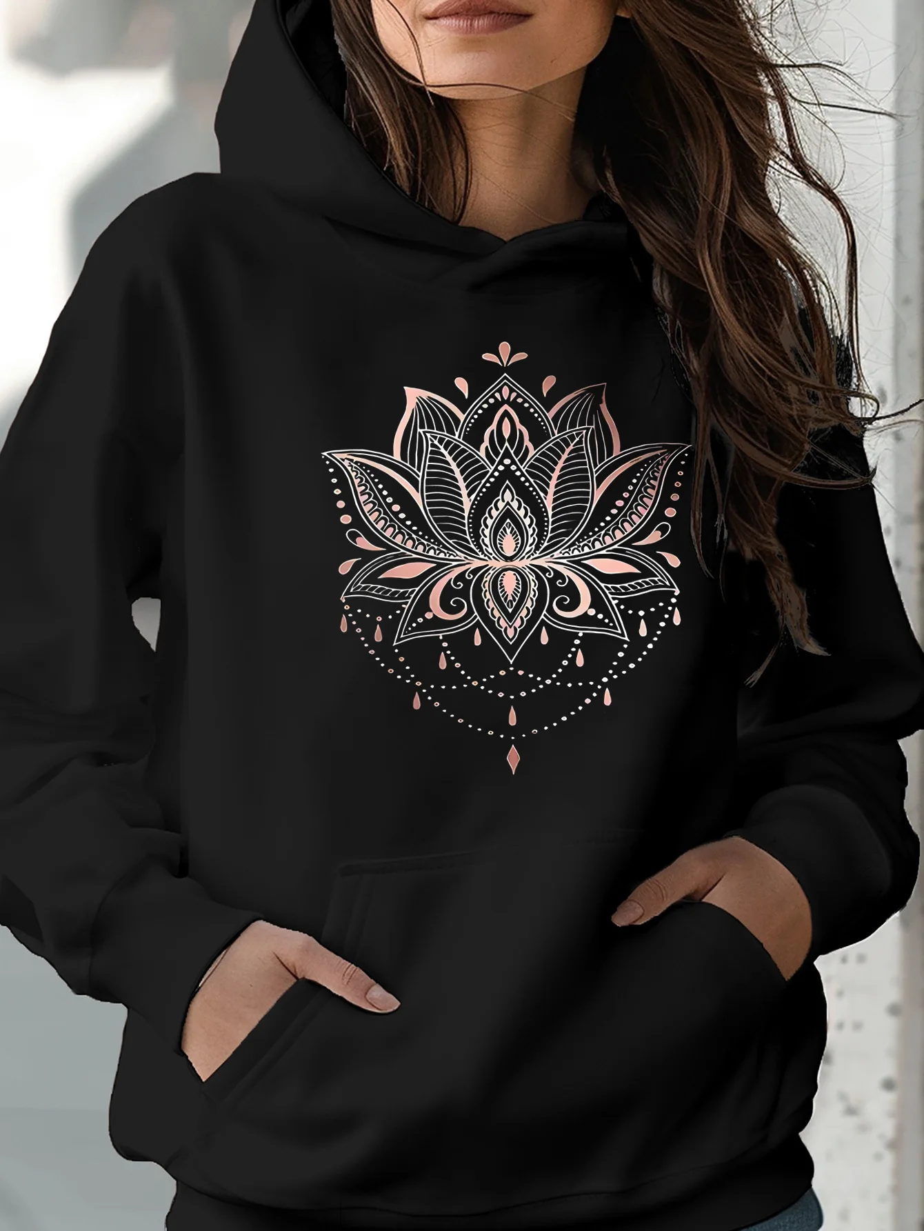

"Lotus" pattern printed hoodie long-sleeved hoodie, street style, fashionable hood and spacious kangaroo pocket