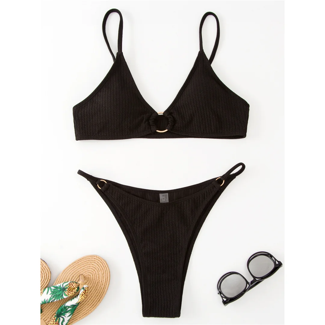 Gerippter Metallring-Bikini, zweiteiliger Damen-Badeanzug, Damen-Badebekleidung, hoch geschnittene Beine, gepolsterter Badeanzug, Badeanzug, Schwimmkleidung V7120 – Detail 10