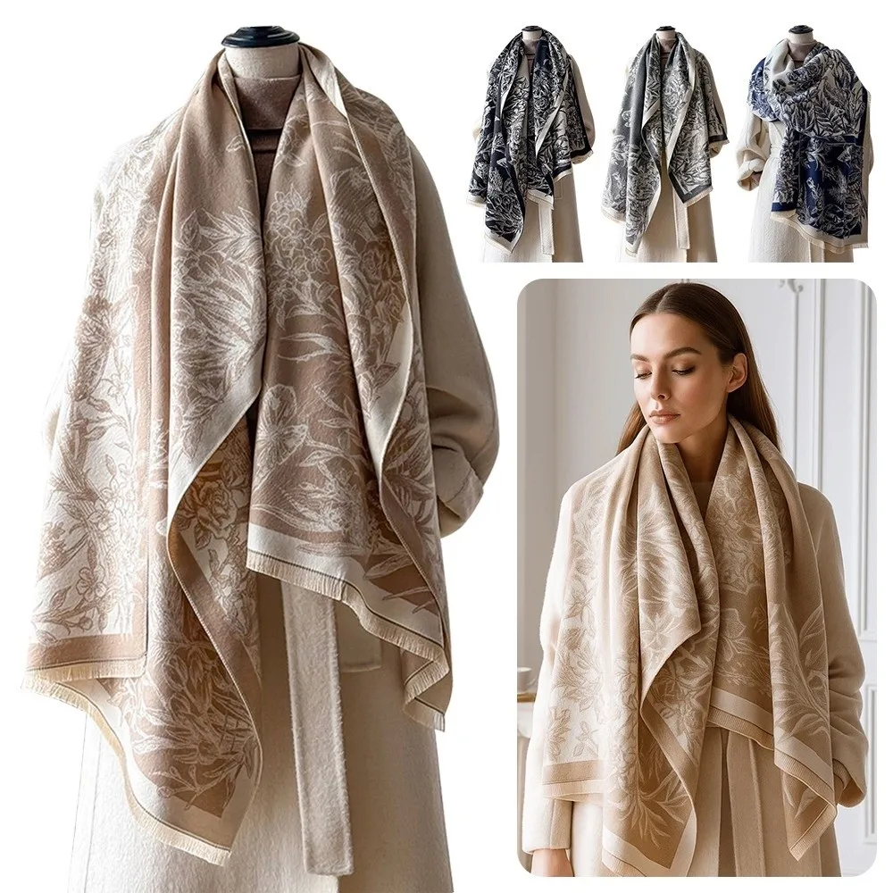 

Cozy Floral Jacquard Imitation Cashmere Scarf Tassel Design Double Sided Fringe Shawl Warm Soft Blanket Scarf for Winter Season