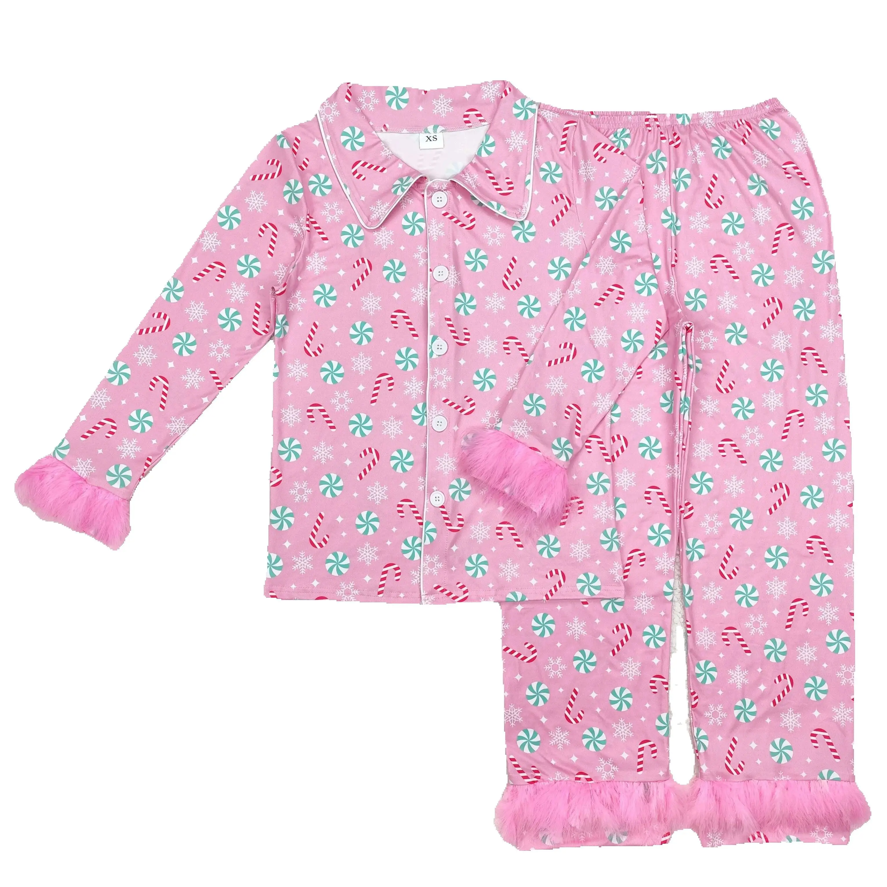 GLP2028 Adult Woman Autumn Outfit Sets Long Sleeves Cane Snowflake Pink Plush Edge Print With Trousers Children Clothes Rts