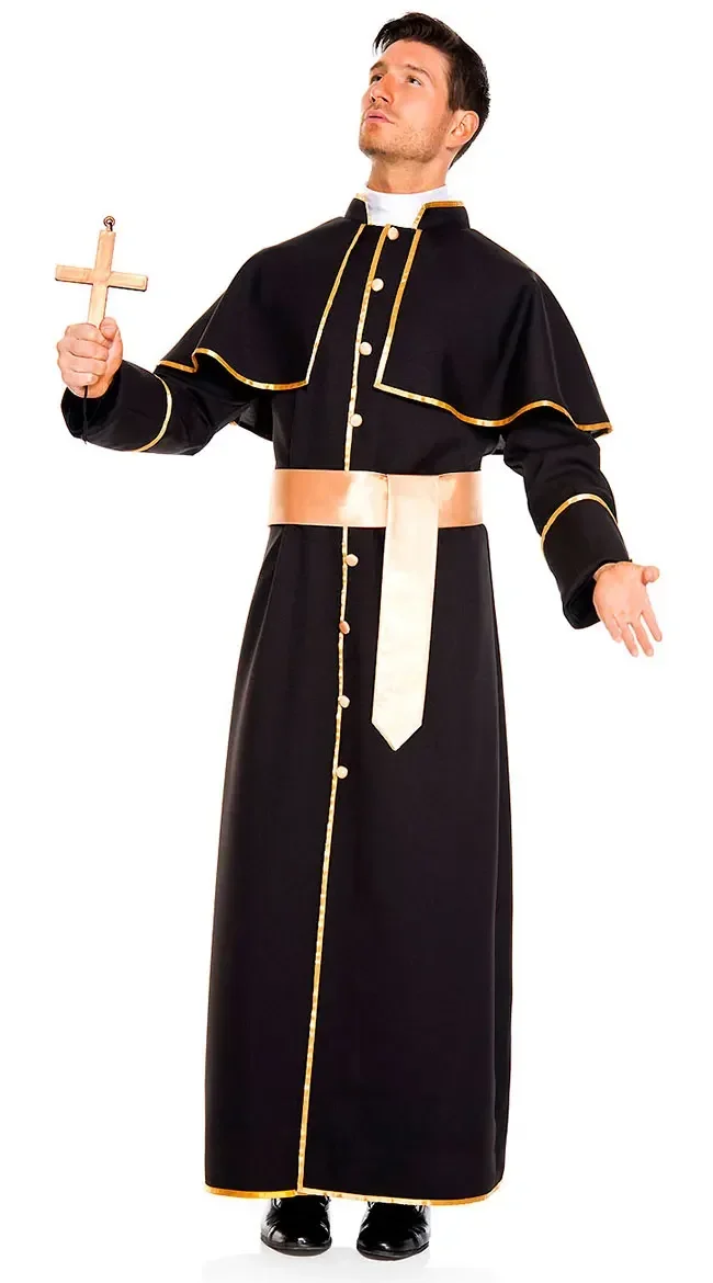 Adult Men Christian Priest Pope Costume with Cloak And Cross Belt Suit Robe Pastor Catholic Clothes Cosplay Halloween Costumes