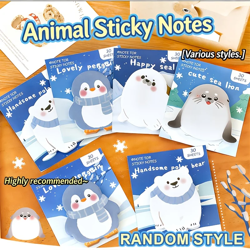 Ice and Snow Style Cute Animal Self-Adhesive Notepad, Random Designs, 30 Sheets of Unique Shaped Sticky Notes for Office Notes and Decorative Stationery