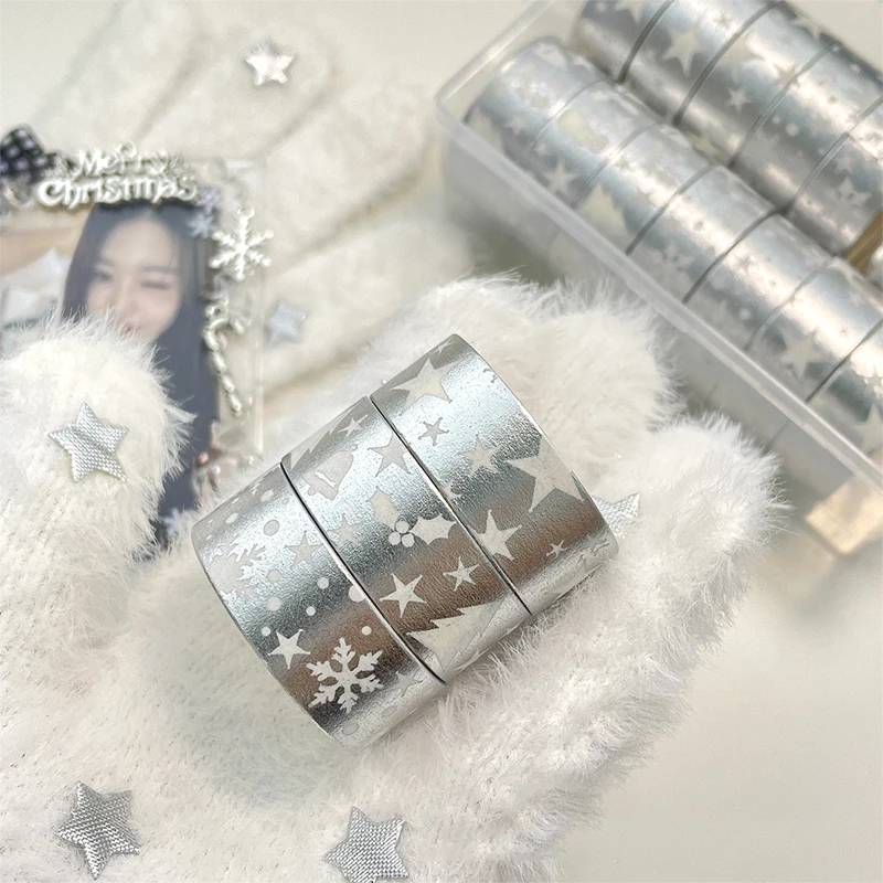 New 1PC 2M Deco Silver Foil Snowflake Stars Christmas Washi Tape For Gift Wrap Journal Masking Tape Cute Stationery