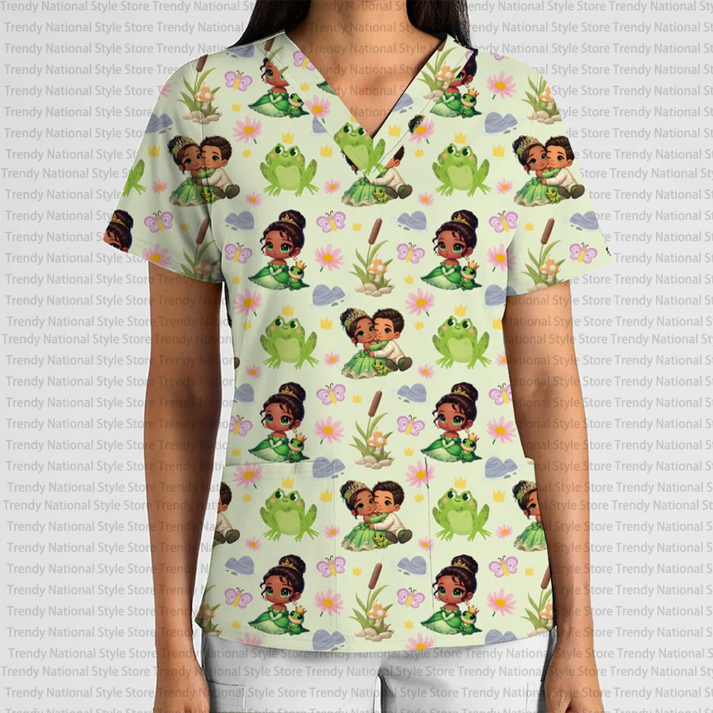 

2025 New Disney Princess Series Floral Print Women's Nursing Clothes Christmas Uniform V-Neck Fashion Nursing Clothes Tops