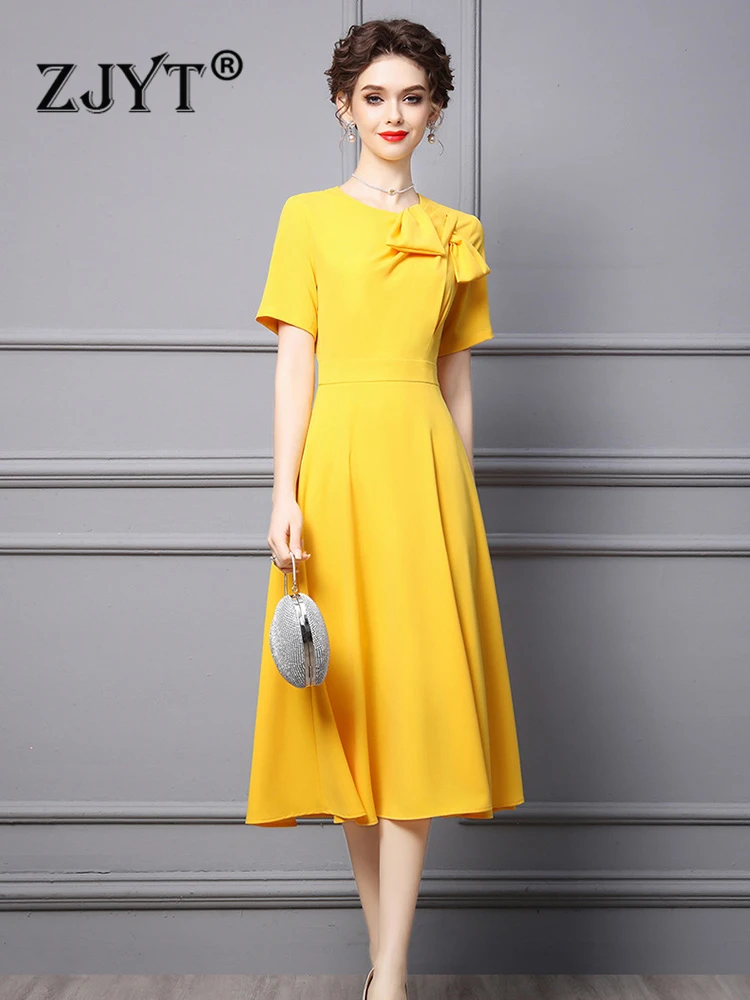 ZJYT Elegant Ladies Midi Simple Yellow Party Dresses for Women Summer 2023 Designer Bowknot Short Sleeve Office Vestidos Aline