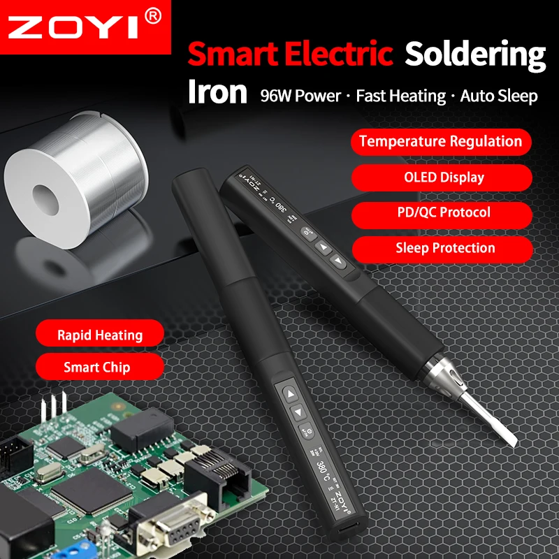 

Паяльник ZOYI ZT-N1 96W с ЖК-дисплеем, регулировка температуры (-100 - 450°C) ℃ Поддерживает PD/QC для ремонта и пайки.