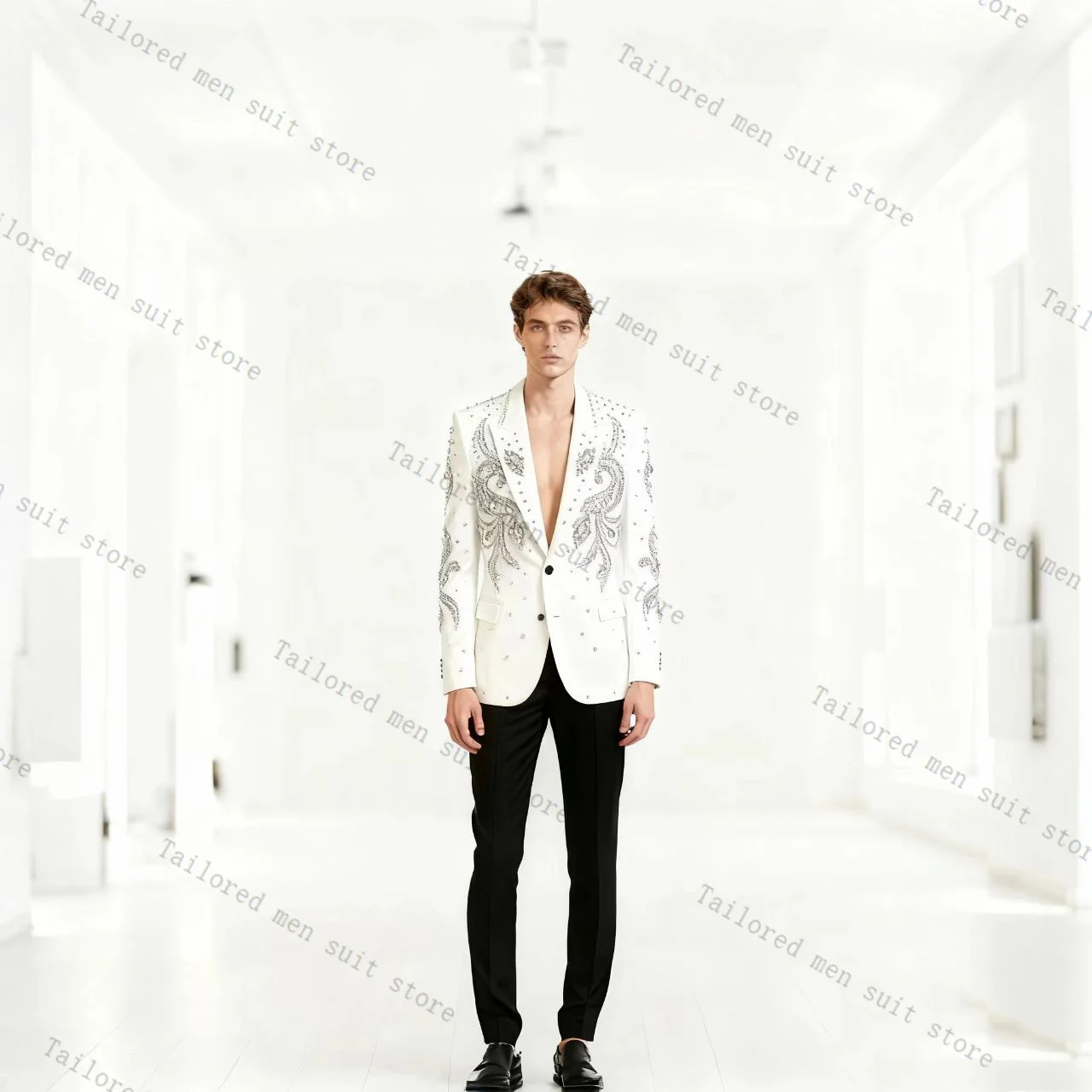 

Luxury Groom Men Suits Pants Set 2 Pcs Crystals White Blazer+Trousers Cotton Wedding Tuxedos Prom Jacket Formal Business Coat