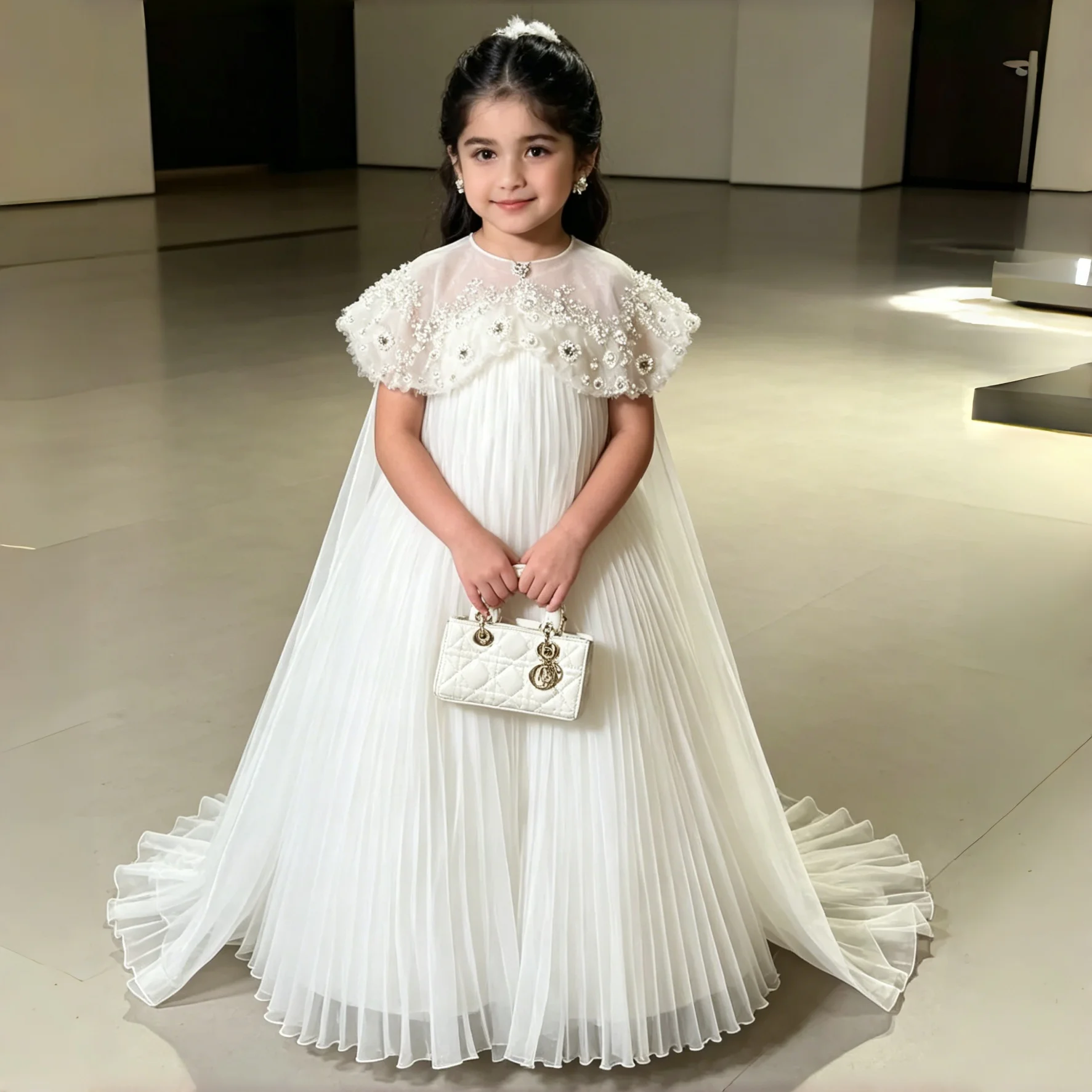 Custom White Flower Girl Dress for Wedding Floral Appliques Pleated Tulle Train Princess Birthday Party 1st Holy Communion Gown