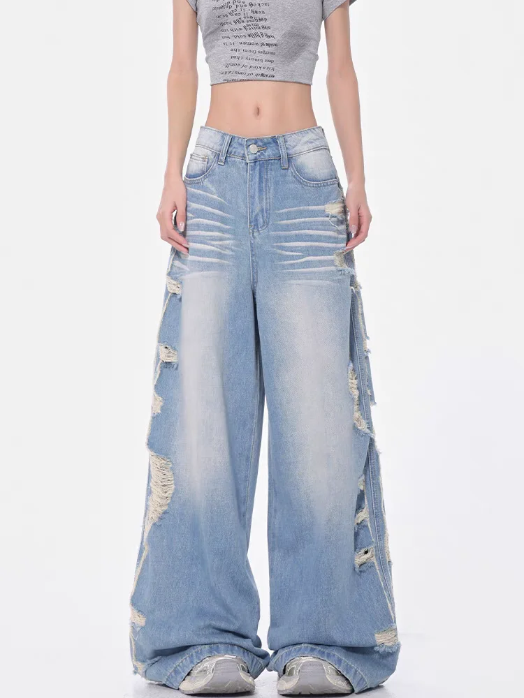 

Women's Light Blue Cargo Baggy Jeans Y2K American Harajuku Streetwear 2000S Aesthetic Retro Wide Leg Denim Pants Clothing 2025