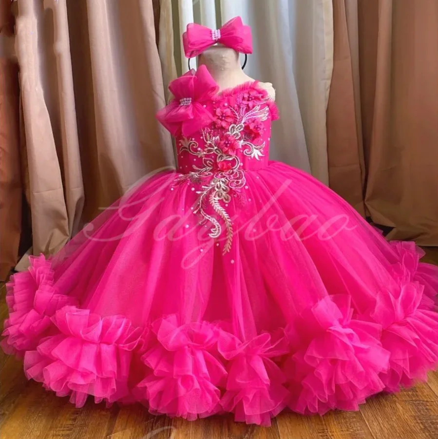 Rosa quente fofo vestido da menina de flor para o casamento inchado plissado tule crianças aniversário vestidos natal primeira comunhão vestido