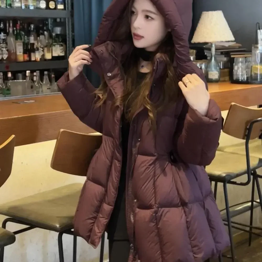 

Little waist white duck down down jacket for women, mid length, 2025 winter new style