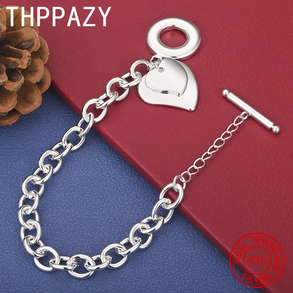 

THPPAZY 925 Sterling Silver Heart Bracelet For Lady Fashion Charm Jewelry Christmas Party Sweet Valentine's Gift 8-Inch Chain