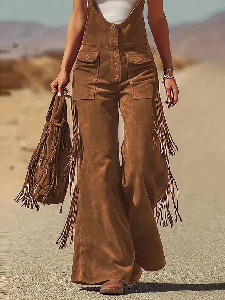 Women's Vintage Suede Fringe Overalls Trousers Adjustable Straps Summer Streetwear Multiple Pockets Wide-leg Y2K Suspender Pants