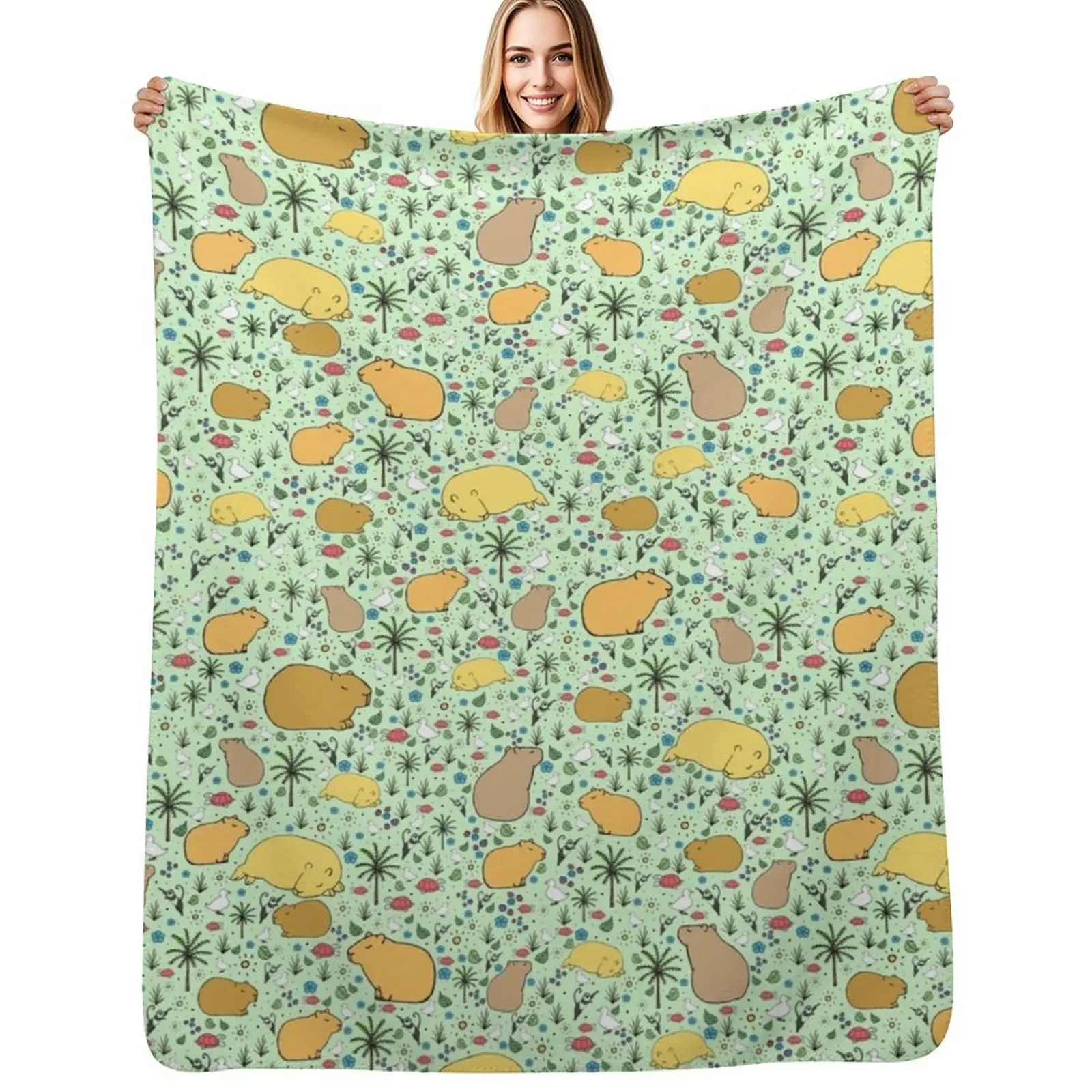Capybaras in Green Throw Blanket Retros Kid'S Soft Plush Plaid wednesday Thermals For Travel Luxury Throw Blankets