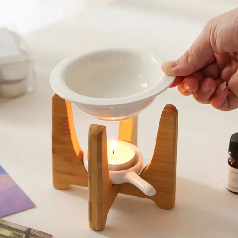 Natural Bamboo Ceramic Essential Oil Diffuser Candle Warmer Aromatherapy Burner | Modern Tealight Fragrance Lamp Home Deco
