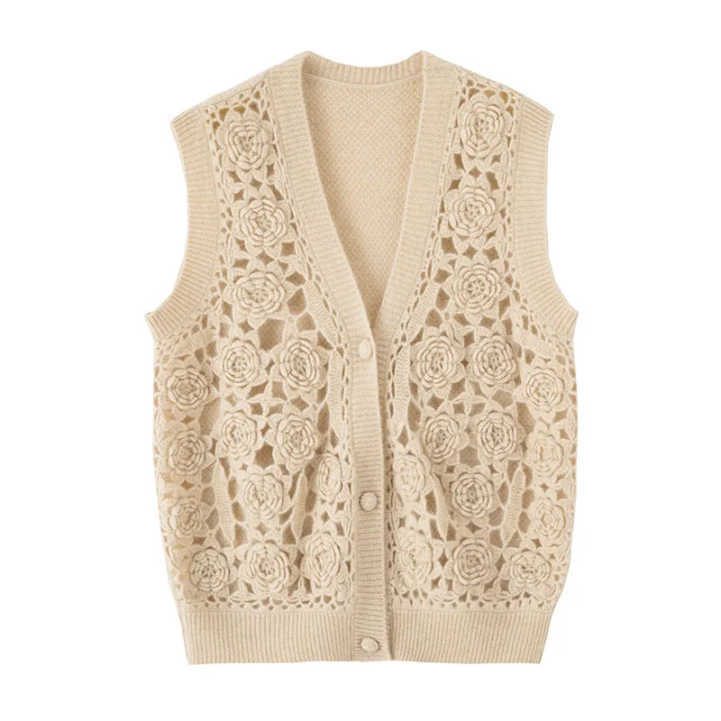 

Женский 100% кашемировый жилет без рукавов с полыми крючками и цветами, вязаный весенне-осенний детский кашемировый свитер, роскошный жилет, топы