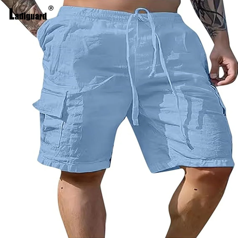 Ladiguard Plus Size 3xl Men Casual Linen Beach Shorts Solid White Khaki Multi-Pocket Shorts Men\'s Drawstring Knee-Length Pants