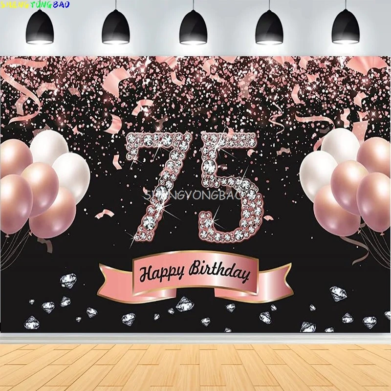 Happy 75th Birthday Photography Backdrops Women Men 75 Years Anniversary Party Black Gold Balloons Photo Studio Background VF-01