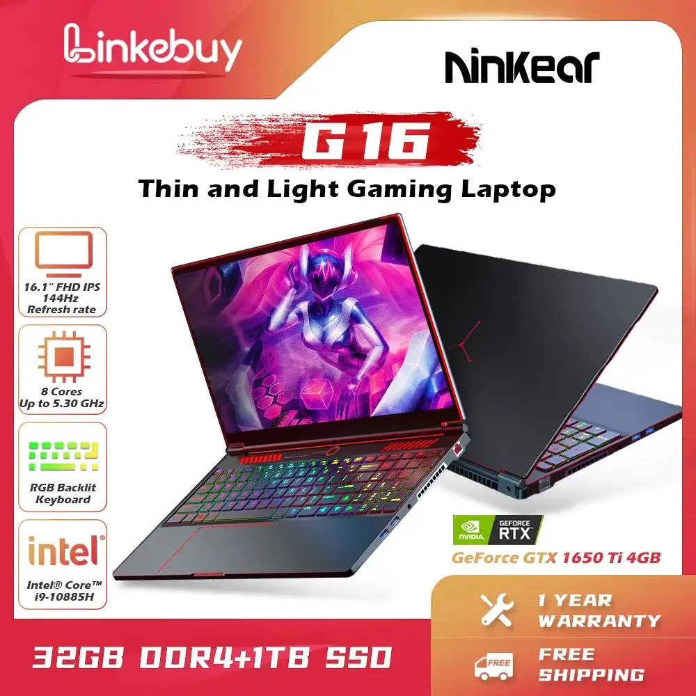 Ninkear-ordenador portátil G16 para videojuegos, Notebook de 16 pulgadas con Intel Core I9-10885H Nvidia GTX1650Ti, 144Hz, 32GB + 1TB SSD, Windows 11