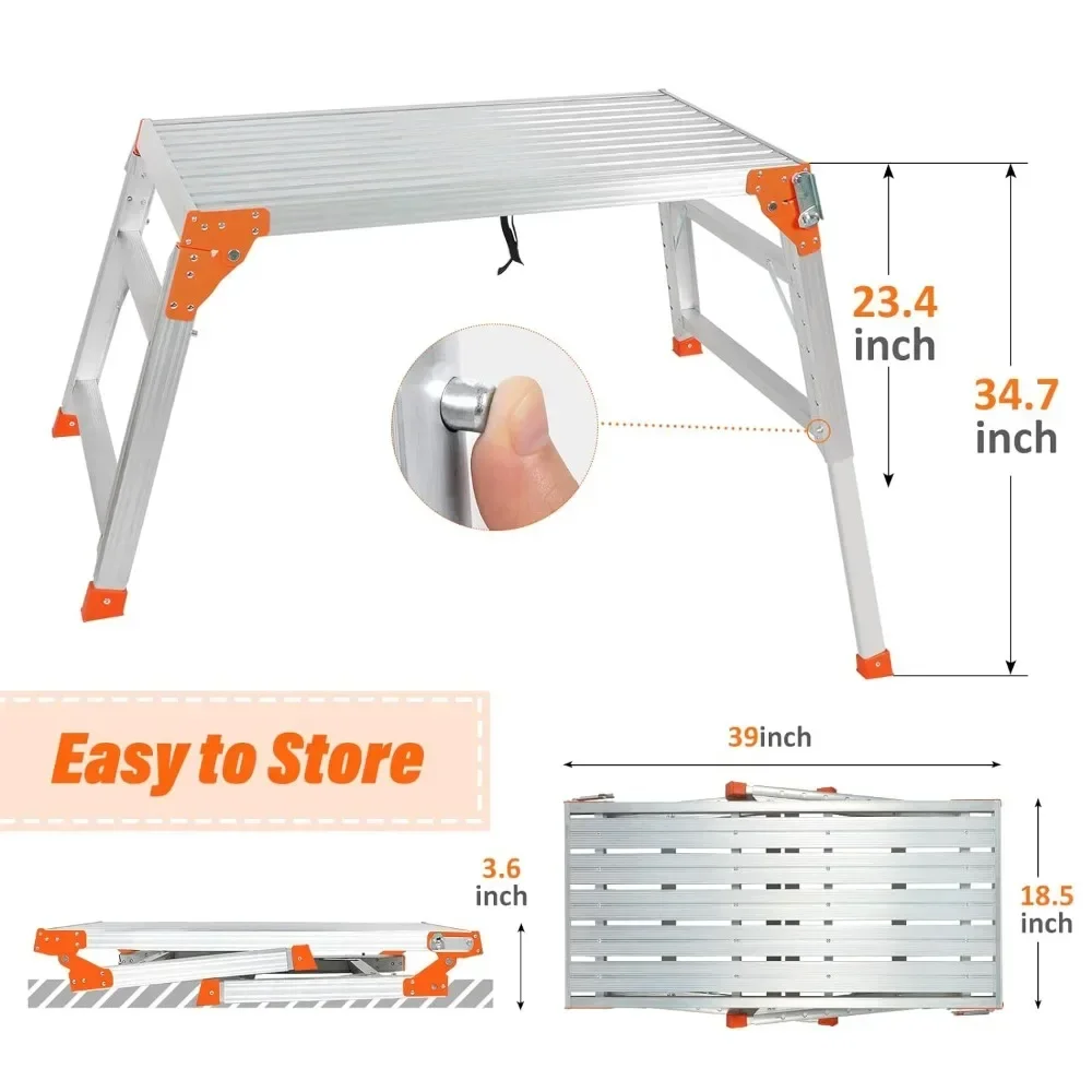 Multifunctional & Adjustable Work Platform 330 Lbs Capacity 25 To 35 Inches Step Ladder Aluminum Folding Scaffolding Ladder