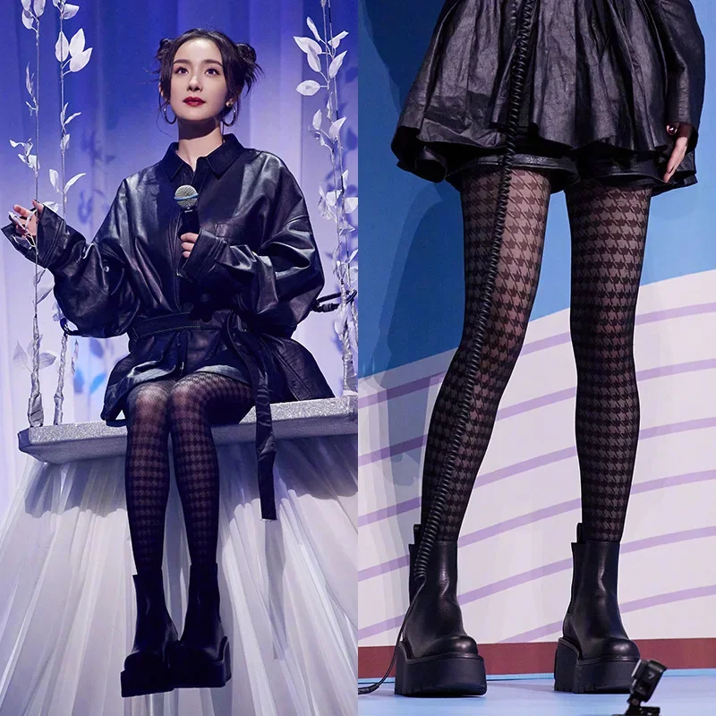 Bas Lolita de style étoile pour femmes, collants Lcae à grille, noir, blanc, pied-de-poule, nœud papillon, fille japonaise, sexy, cosplay Loli