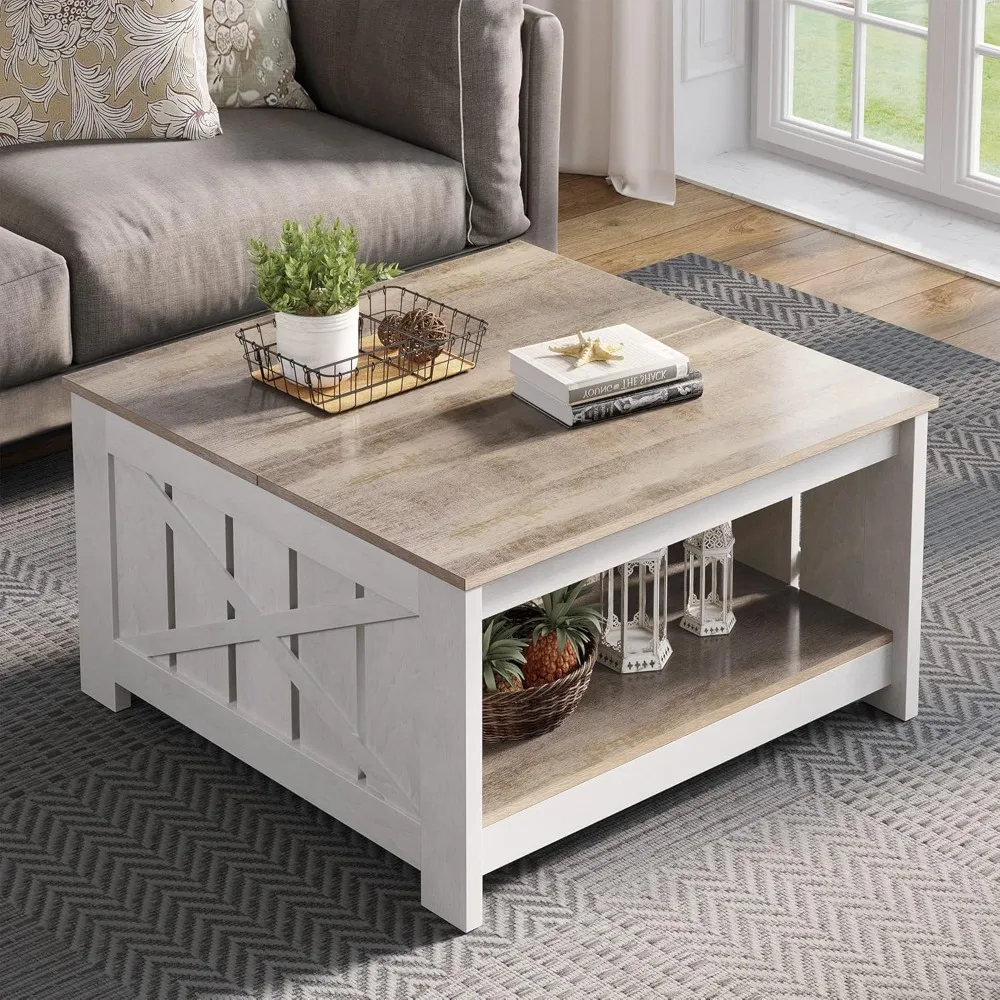 

Farmhouse coffee table, rustic wood cocktail table, living room square coffee table with semi-open storage compartment