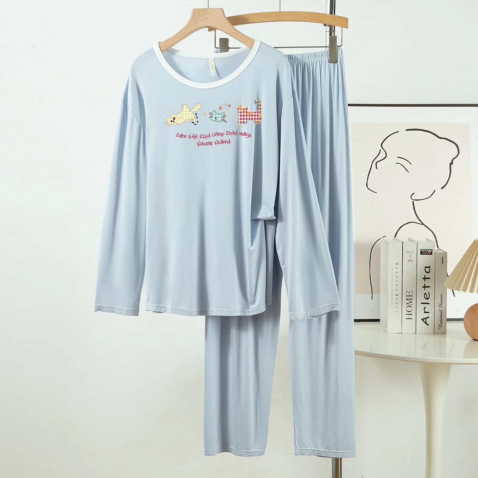 

5178-50 New Casual and Lazy Style Modal Round Neck Pajamas for Women, Spring and Autumn Long-Sleeved Long Pants Two-Piece Home Wear Set