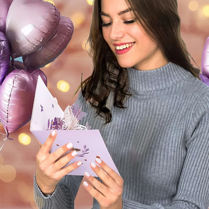 3x lila Schmetterling Geburtstag Popup-Karte, Schmetterling Blumen korb 3d Grußkarten für Frauen Mädchen Tochter, Muttertag