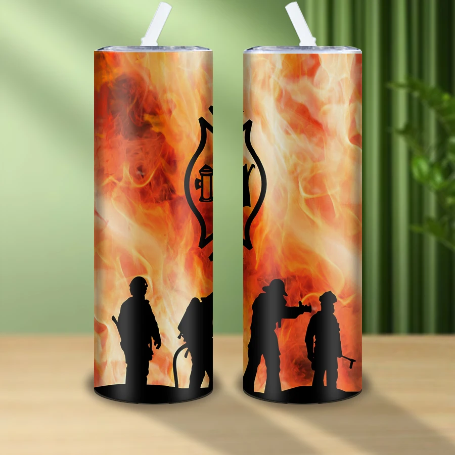 3D Fireman Pattern Sublimation Stainless Steel Tumbler With Lid And Straw Skinny Water Bottle Suitable For Gift Giving