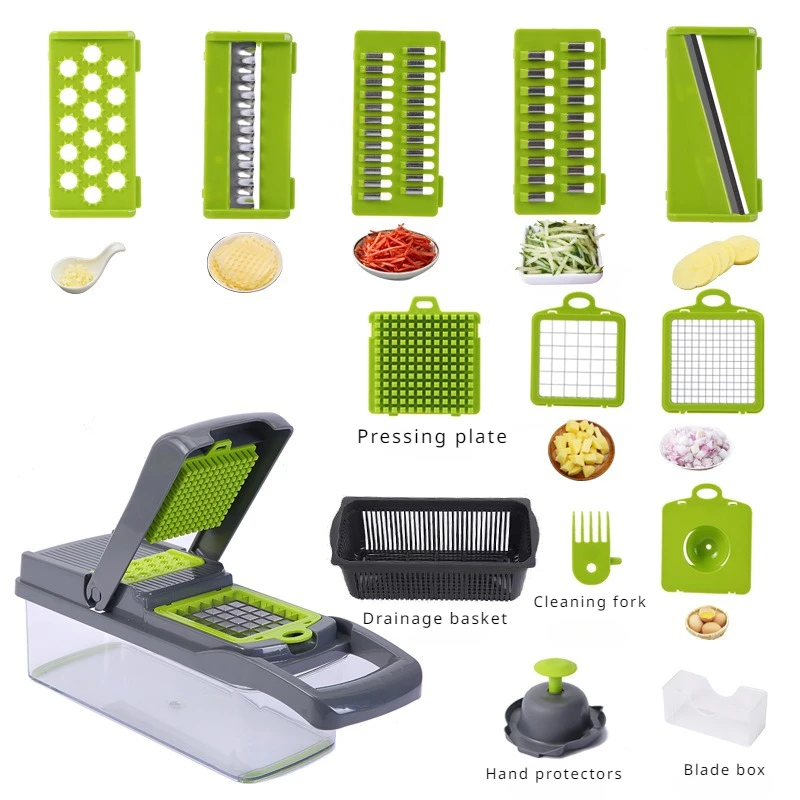 

1Pc Green Black 14 in 1 Multifunctional Vegetable Slicer Cutter Shredders Slicer With Basket Fruit Potato Chopper Carrot Grater