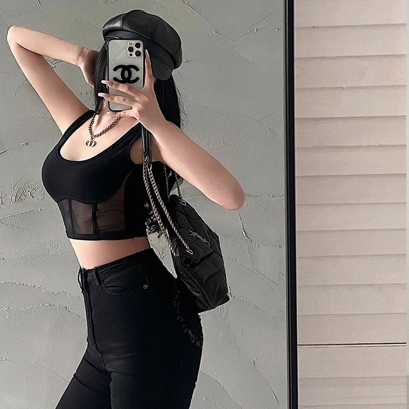 Women Corset Tank Top With Mesh Detail Mesh Panels Fitted Crop Top