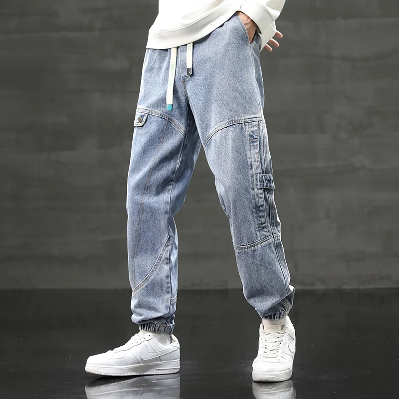 Fashion Elastic Lace Up Spliced Washed Casual Jeans Men's Clothing 2024 Spring Summer New Loose All-match Denim Cropped Pants