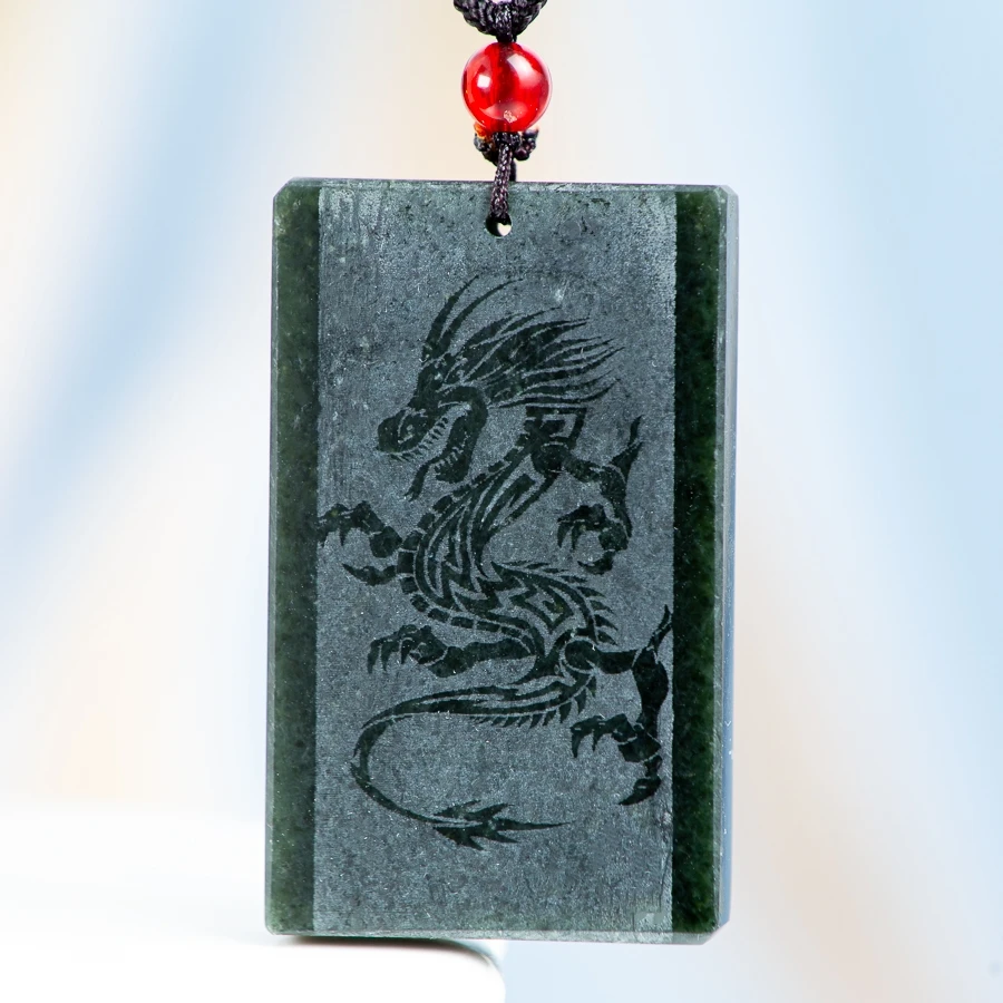 

TIMESWIND Natural hetian Jade deep Green zodiac Dragon carved square men Necklace with certificate