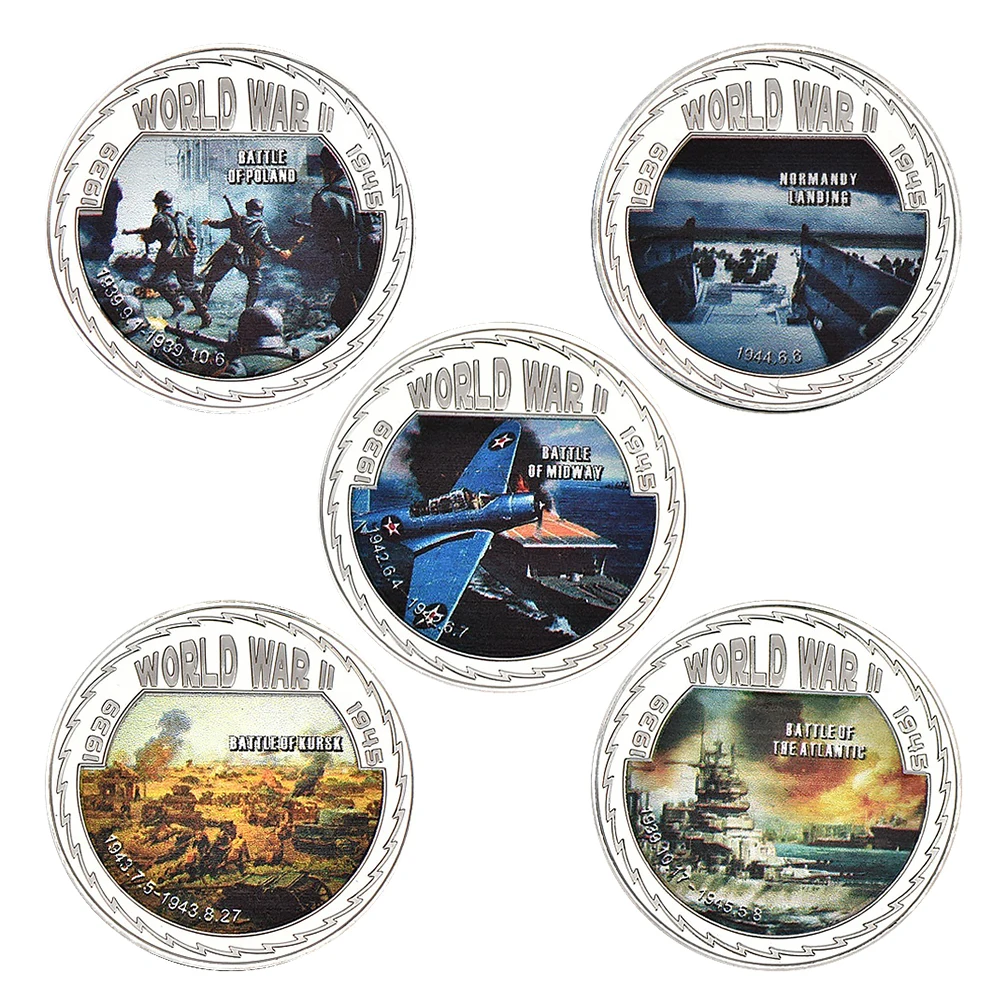 5Pcs WWII Major Battles Commemorative Coin Set, Silver Plated Military History Collectible