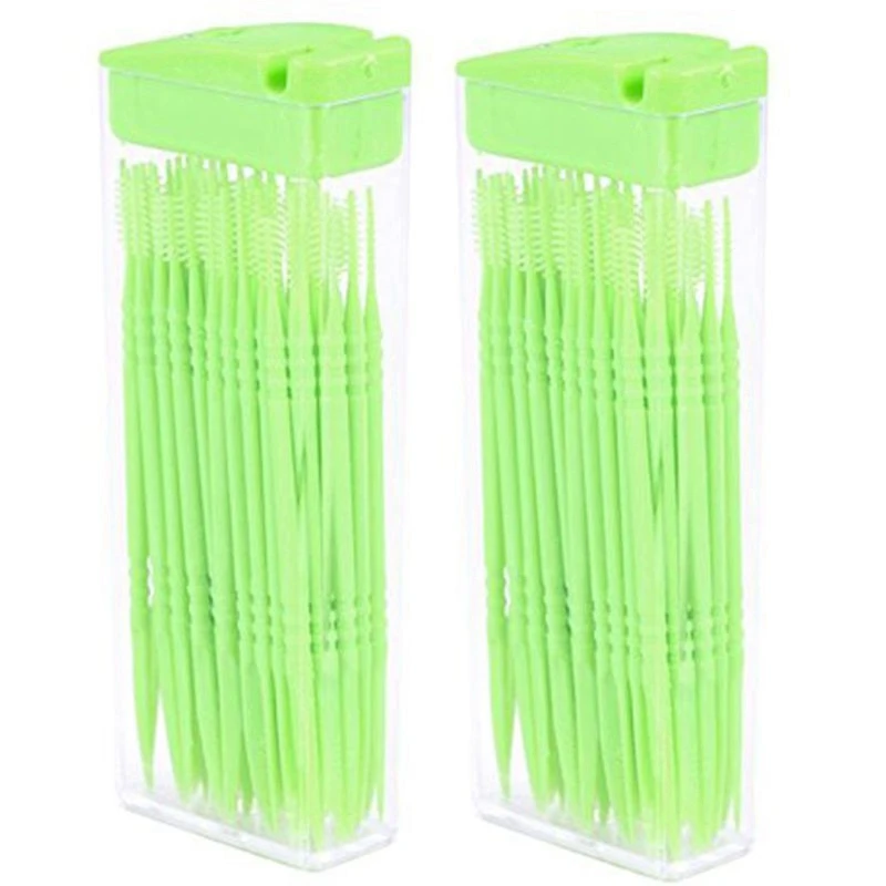 100 Pcs Plastic Toothpicks 2 Way Tooth Picks Interdental Brush Cleaners Portable Box Random Color