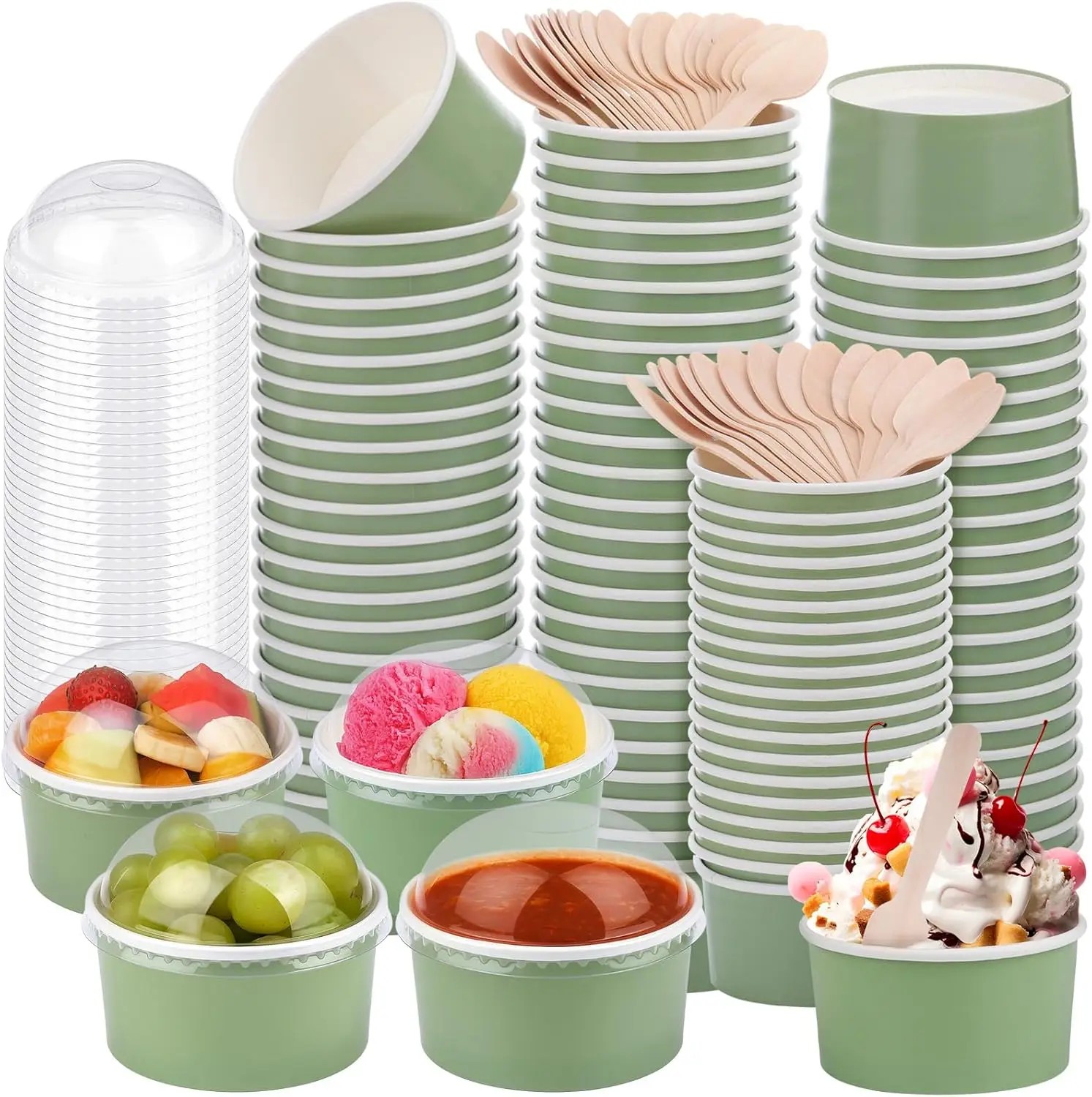 

100 Pack 5 oz Ice Cream Paper Cups with Lids and Spoons Disposable Dessert Cups Ice Cream Bowls Sundae Containers for Sn