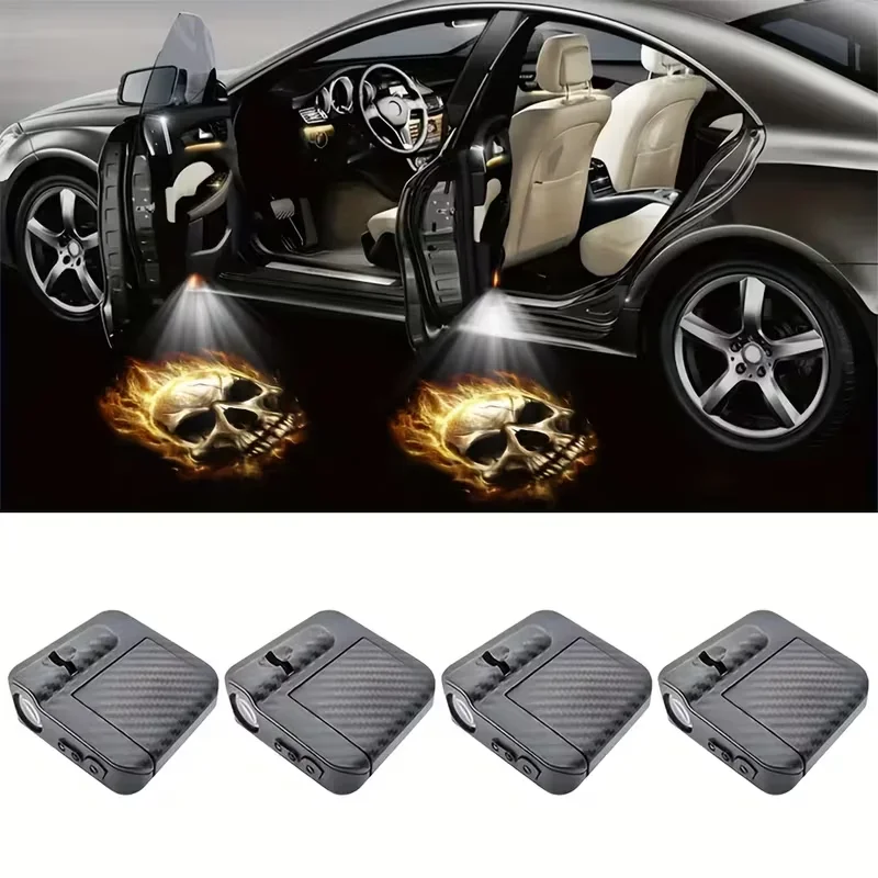 2pcs Flame Skull Ghost Shadow Car Door Welcome LED Projector - Vivid LED Lights For Cars, Bicycles, Etc., Battery Powered, Easy