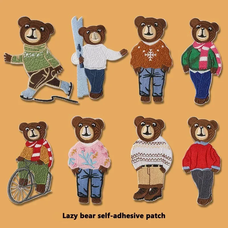 Cartoon Embroidery Patches Lazy Bear Self-adhesive Towel Cloth Sticker for Clothes Kids Backpack Hat Washable Hotfix Accessories