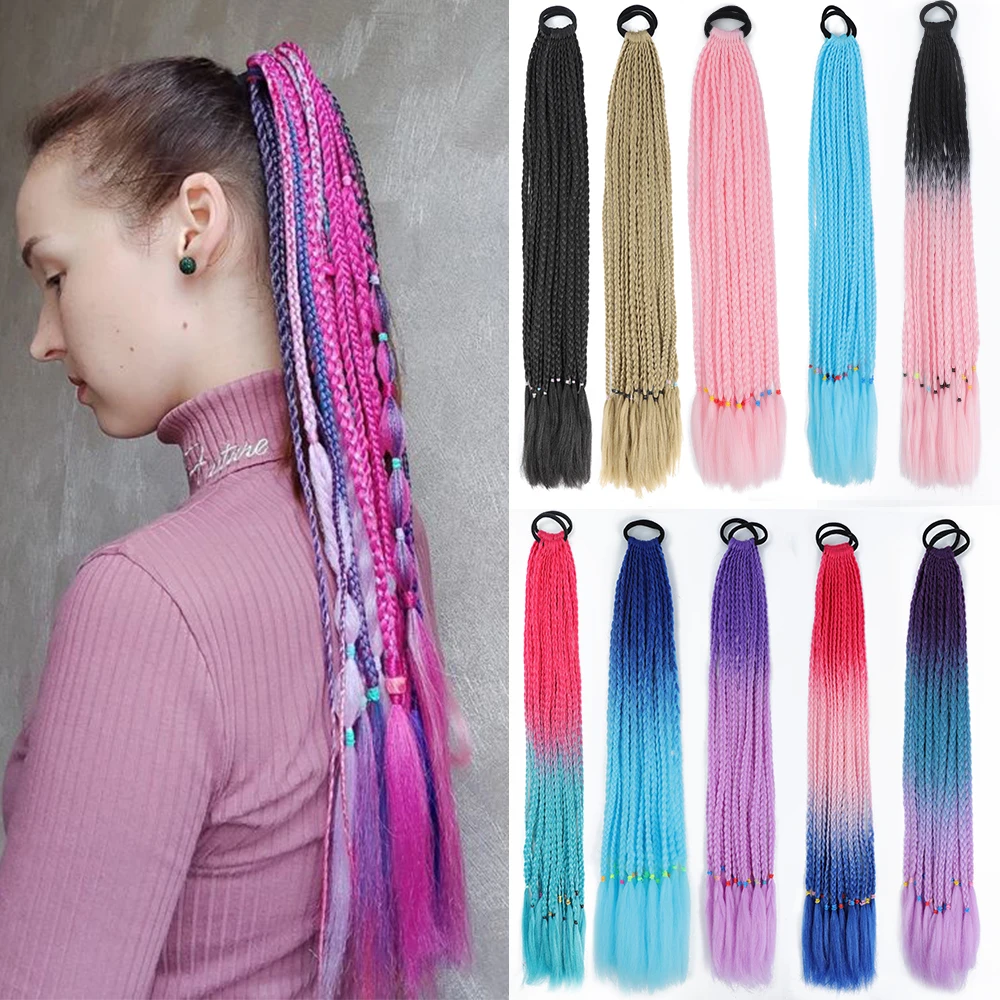 ZENYINFA Synthetic Gradient Color Dirty Braided Ponytail 60CM Elastic Rubber Band Braiding Pony Tail Hair Extensions For Girls