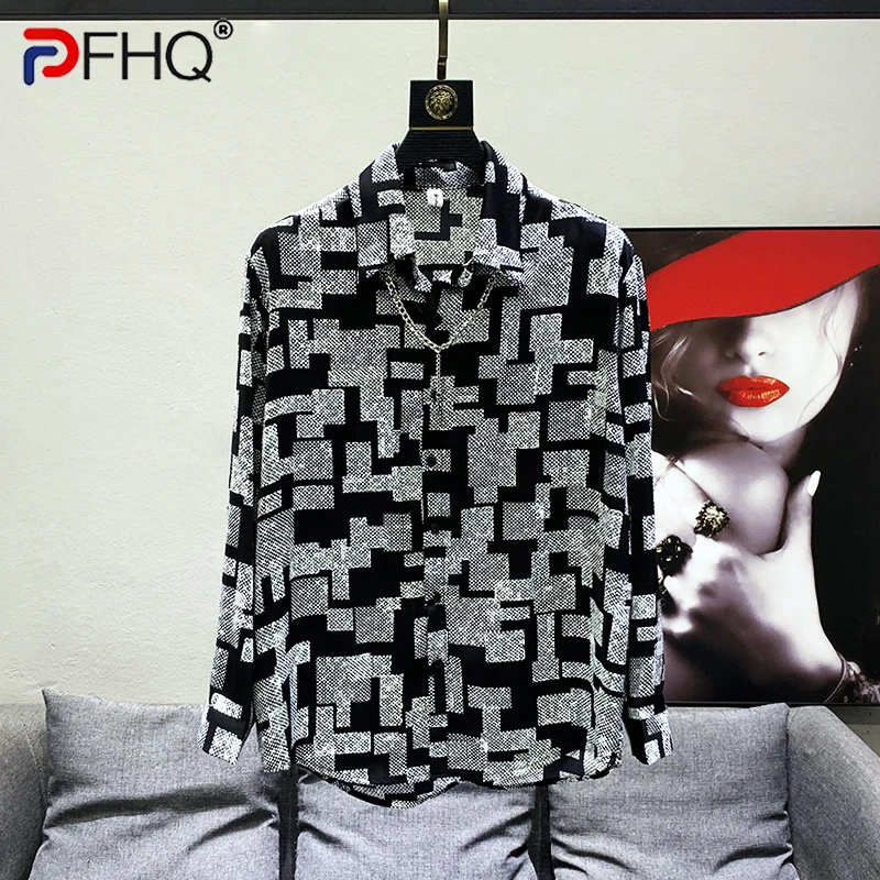 PFHQ Trendy Printed Pattern Original Niche Design Men's Casual Shirts Long Sleeve High Quality Elegant Luxury Social 2023 Tops