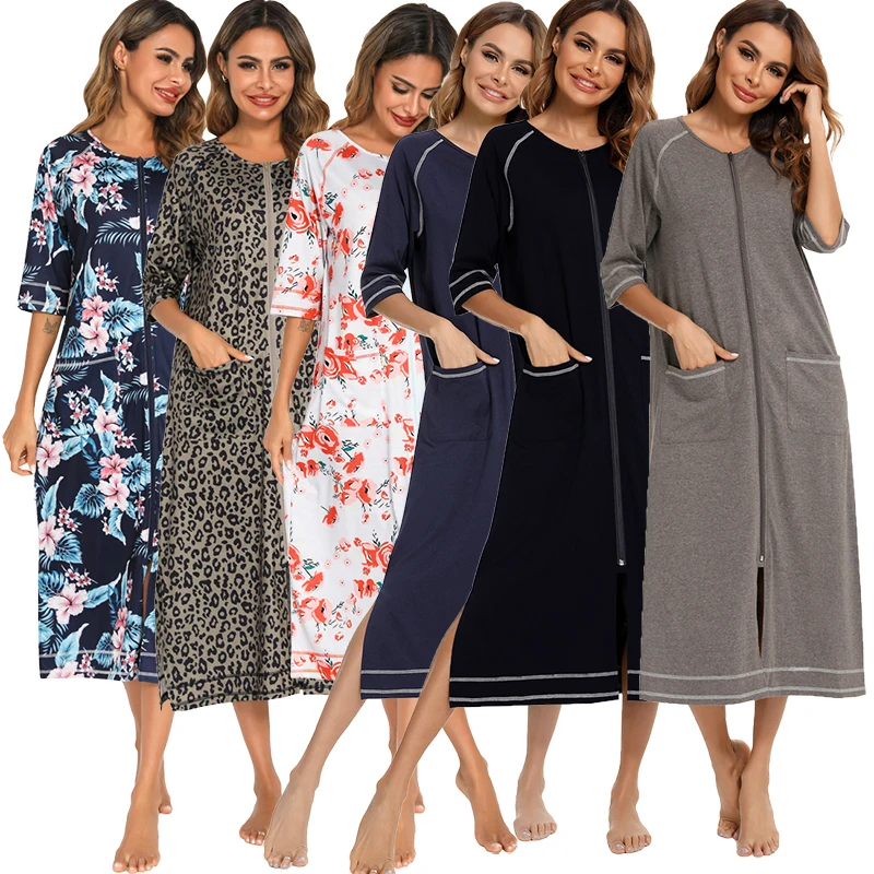 Aamikast Women Autumn Print Zipper Front Robes Long Sleepwear Soft Nightgown Warm Loungewear Maternity Bathrobe Pajamas