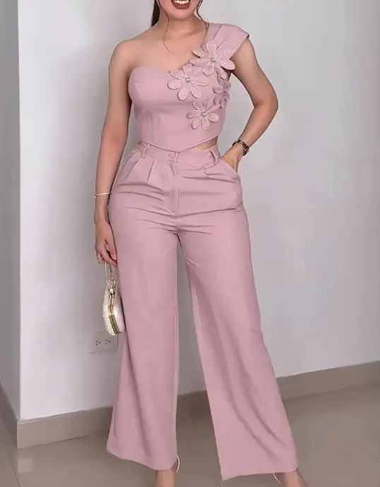 

2 Pieces Outfit Rhinestone Decor 3D Floral Applique One Shoulder Sleeveless Shirred Back Crop Top High Waist Zipper Pants Set