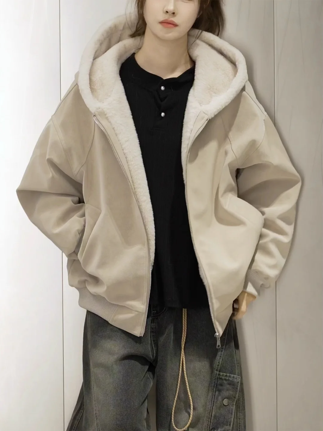 

Теплая утолщенная куртка с флисовой подкладкой в американском стиле, с капюшоном и отделкой из овечьего меха, хлопковое пальто для мужчин, зимние парные куртки, верхняя одежда