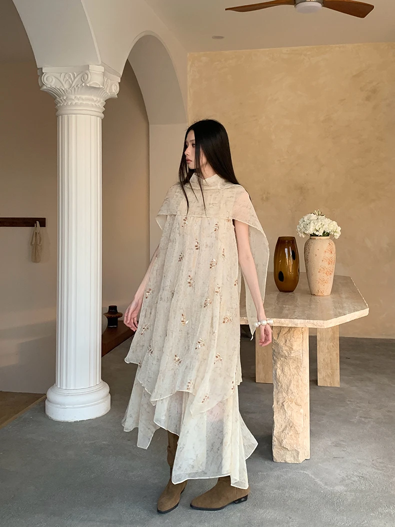 CHEERART Embroidery Floral Summer Tulle Dress For Woman Beige Sleeveless Long Loose See Through Flowy Dress Designer Fashion - view 4