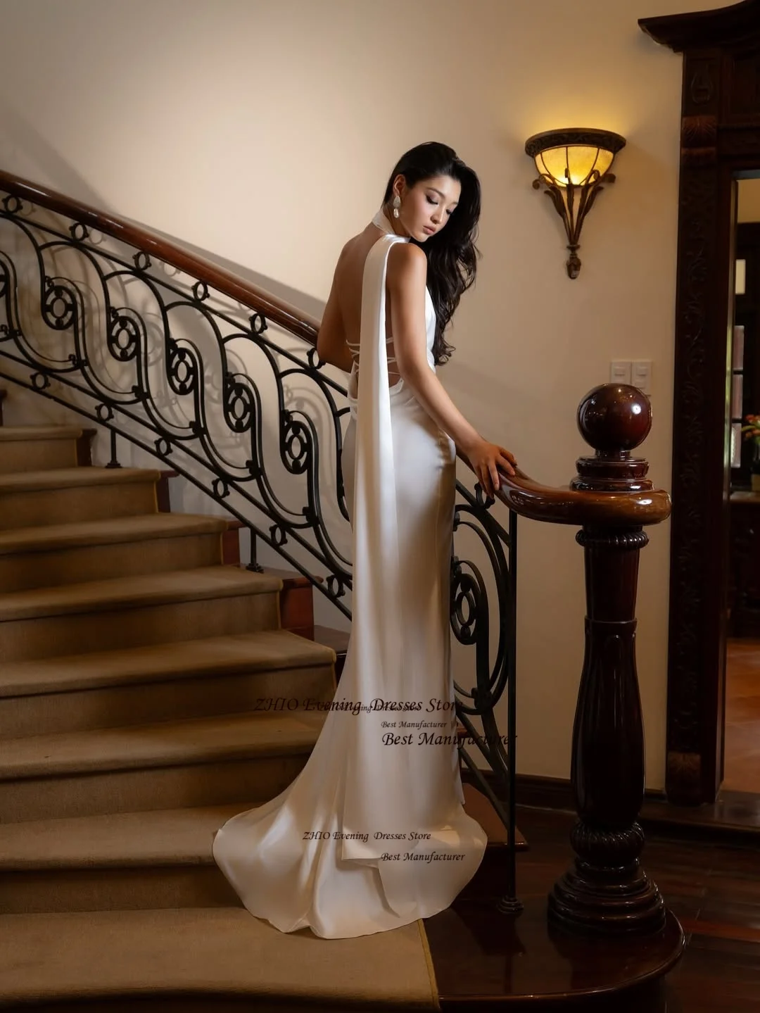 ZHIO-vestido de noche clásico de satén, sirena, color marfil, con bufanda, vestido de fiesta largo sin tirantes, cola capilla, vestido de graduación sin espalda personalizado