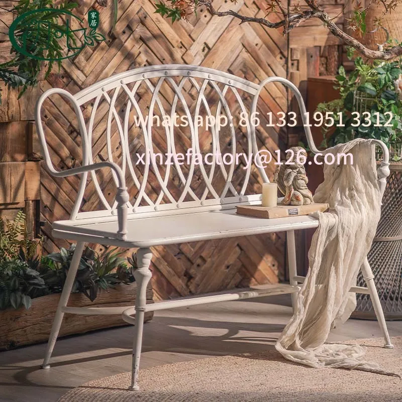 

Customizable French Romantic Vintage Bench Outdoor Garden Wrought Iron Back Double Chair