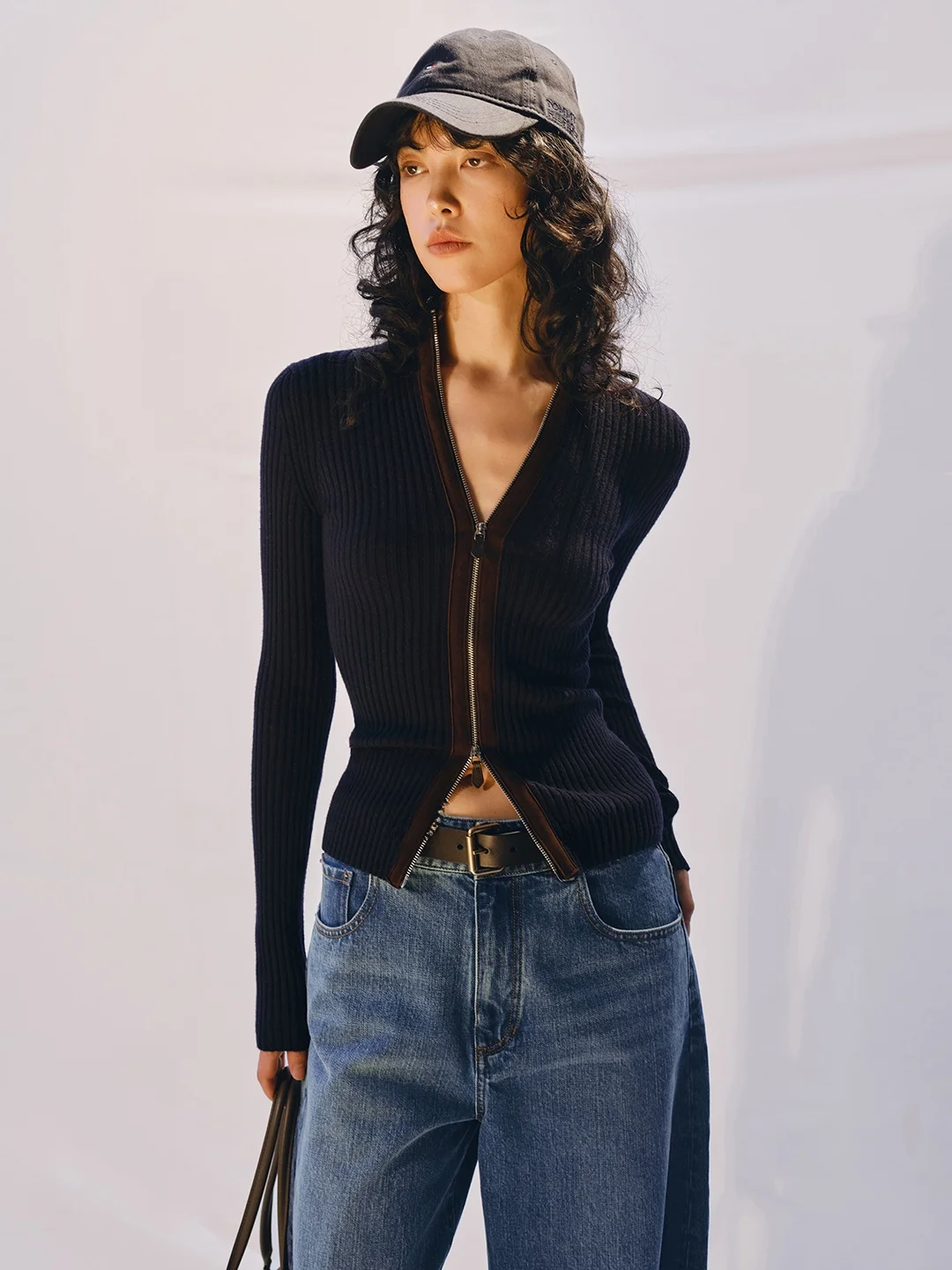 

DMON Retro Miu Sle Suede Zipper Slim Fit Knitted Open Cardigan mal Lazy Sle Women's Wool Blend Long Sve V-Ne Swe...