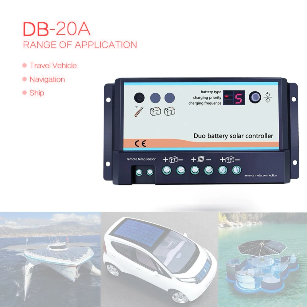 EPever 20A Dual Battery Solar Charge Controller 12V 24V Auto Solar Regulators Two Solar System Fit for RV System DB-20A