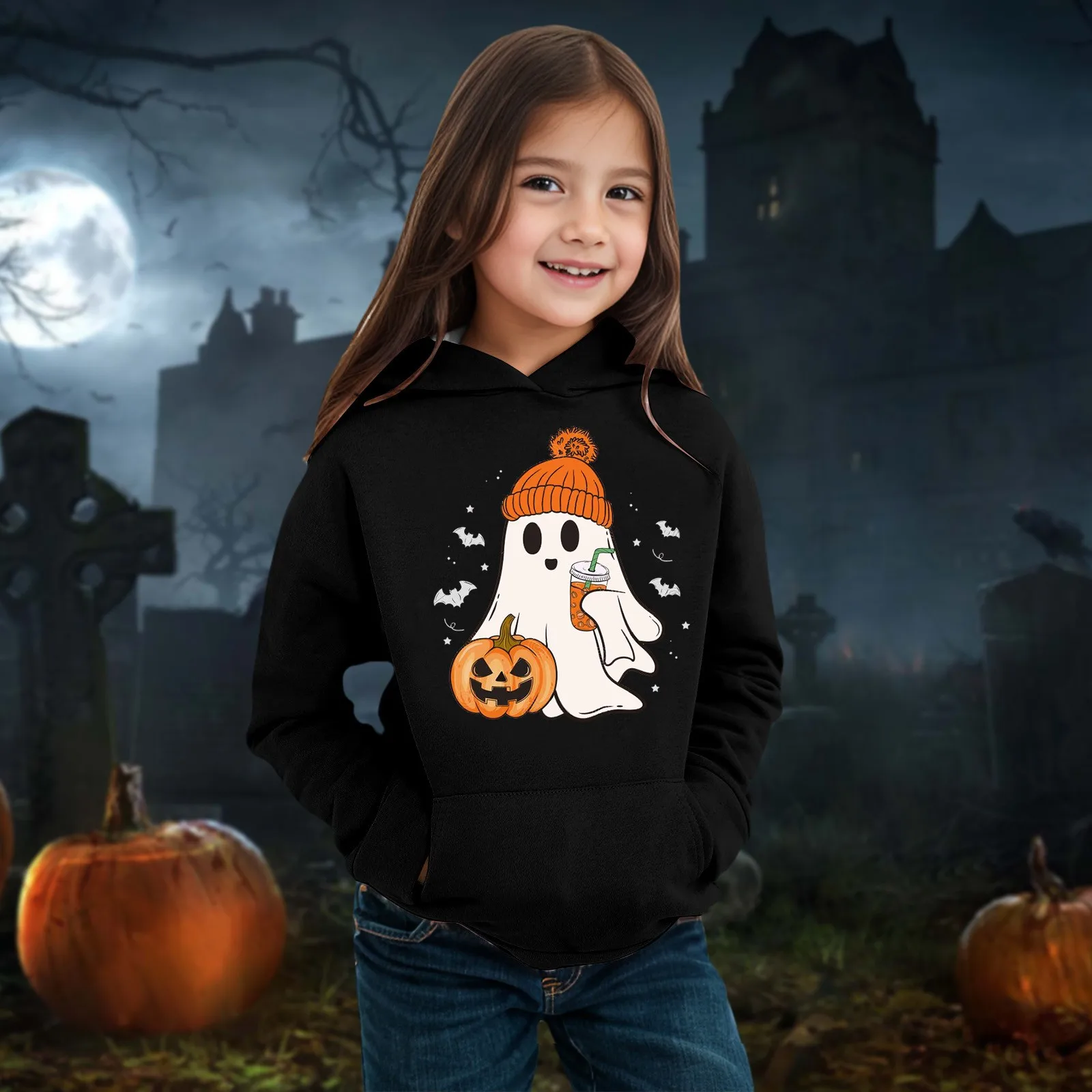 

Halloween Long Sleeve Pumpkin Prints Warm Hoodie Pullover TopsPink Childrens Boys Girls 2024 Kids Versatile Hooded Sweatshirt