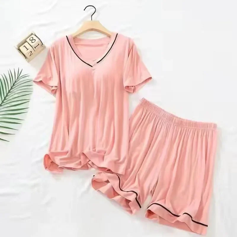 

Nightwear Pajamas Women Short Sleeves and Shorts with Chest Pads Pajamas Two-Piece Set of Comfortable Solid-Coloured Home Wear